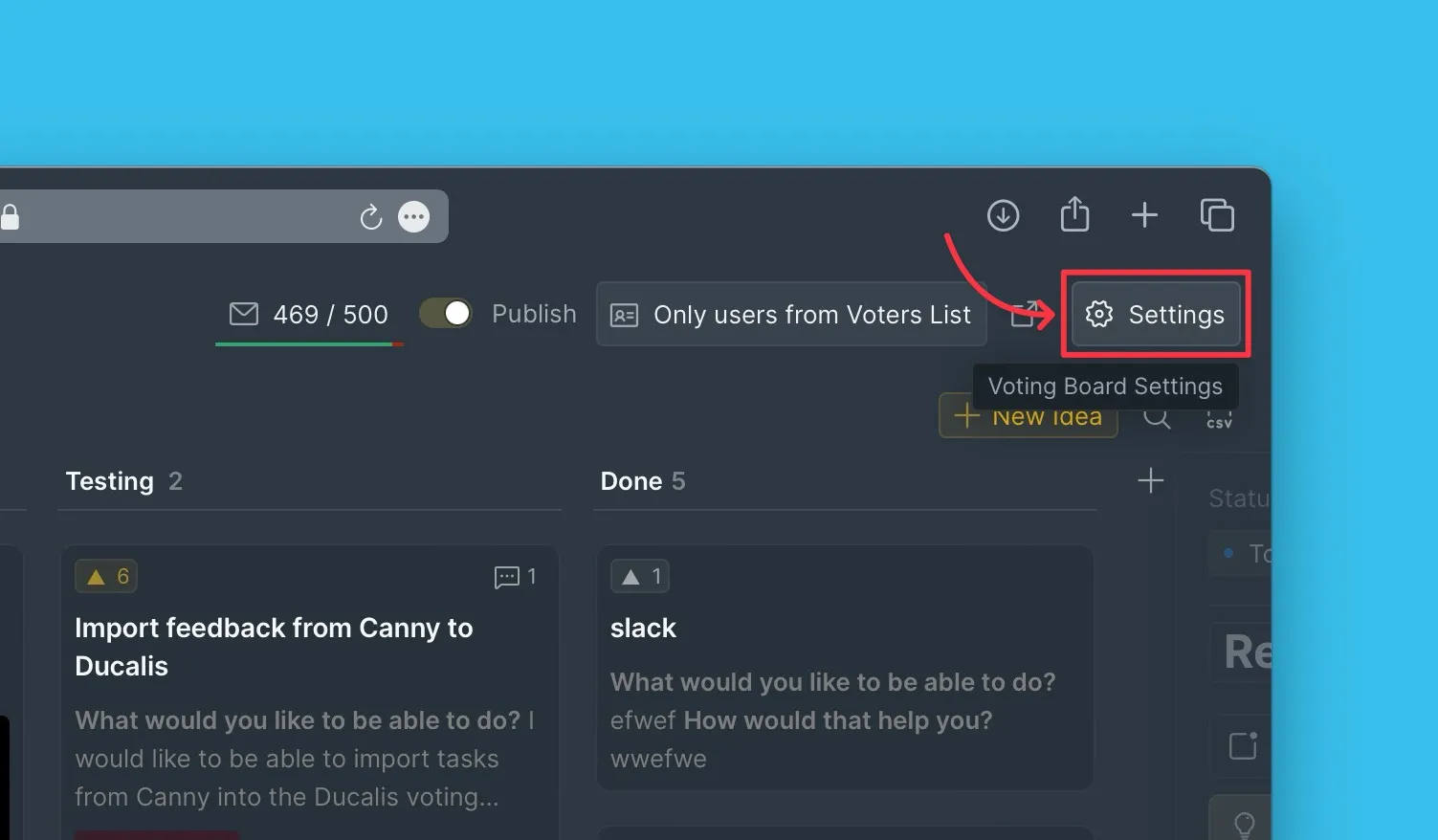Настройки Доски идей