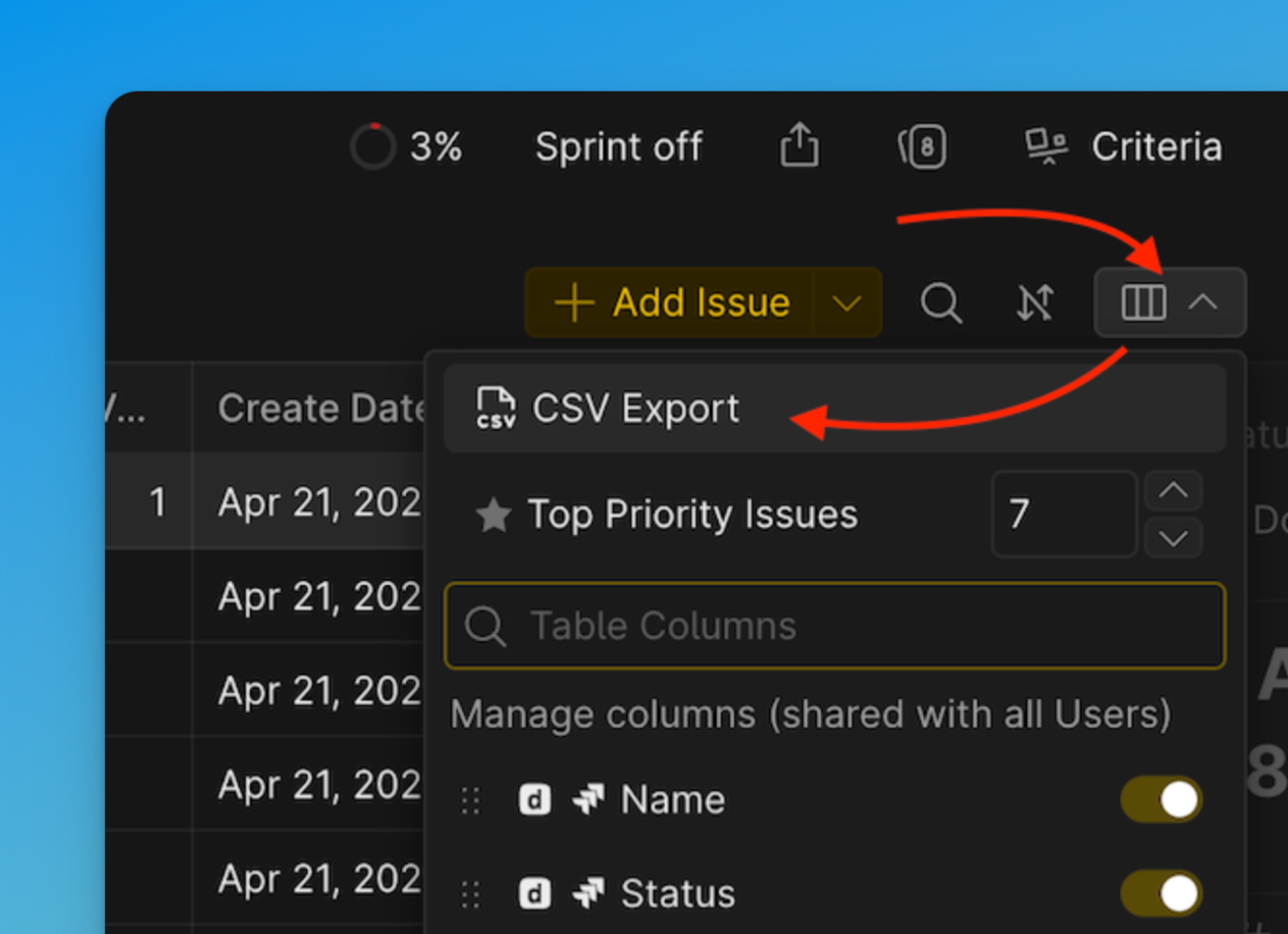 Расположение кнопки экспорта CSV