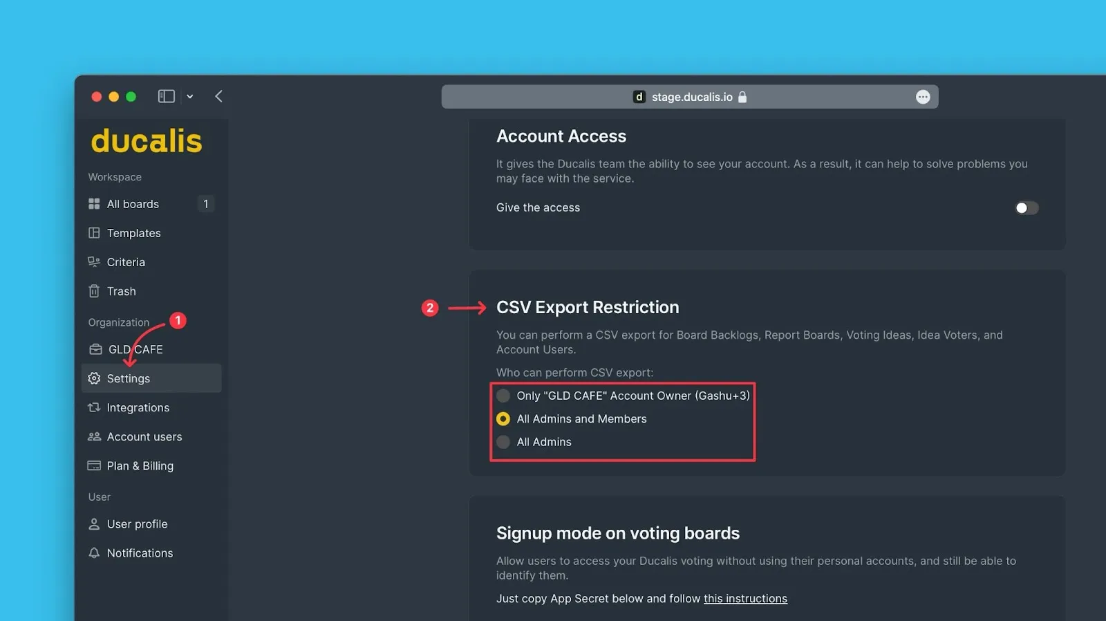 Настройки ограничений экспорта CSV
