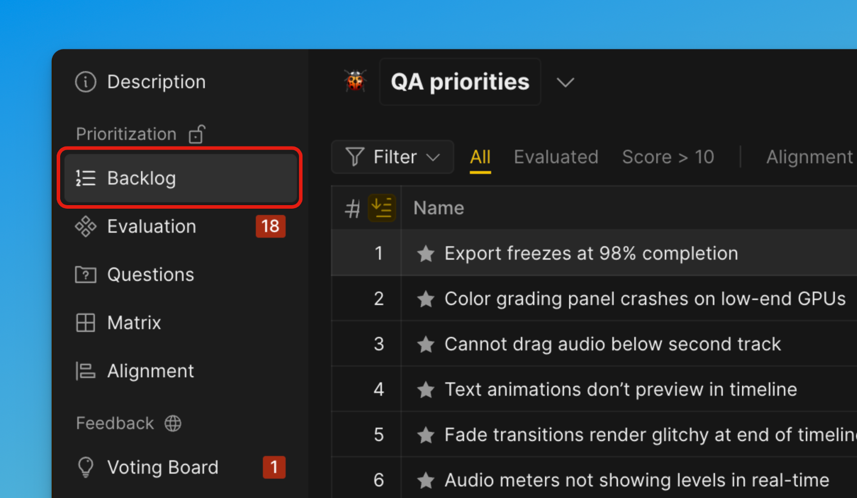 Страница Бэклога