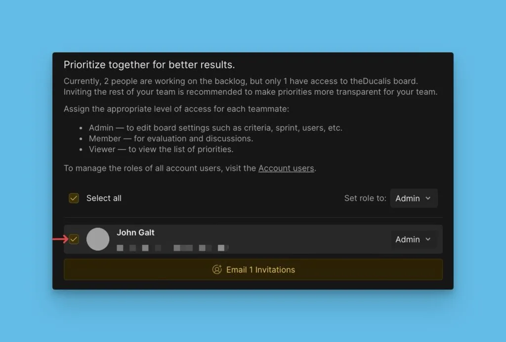 Выбор пользователей для приглашения