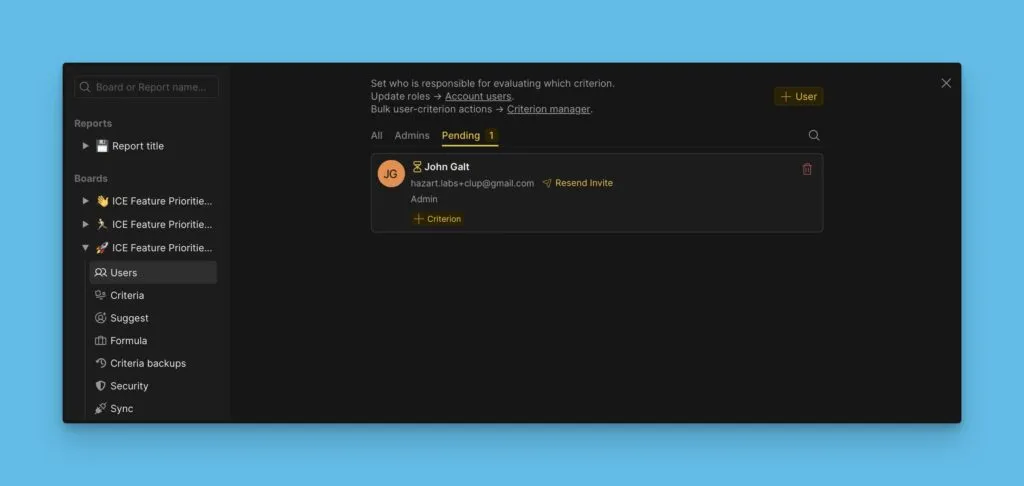 Ожидающие приглашения в настройках пользователей
