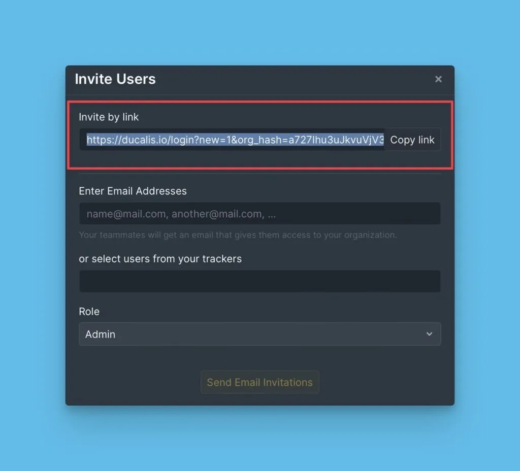 Кнопка Copy Link в диалоге приглашения