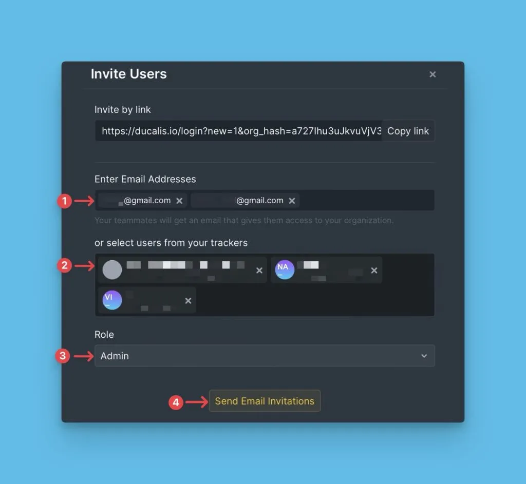 Диалог отправки приглашений по email