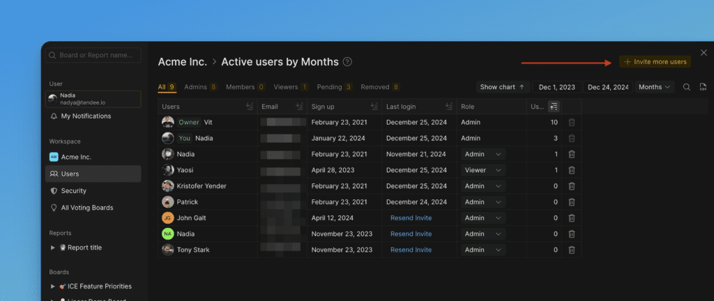 Кнопка Invite на странице пользователей