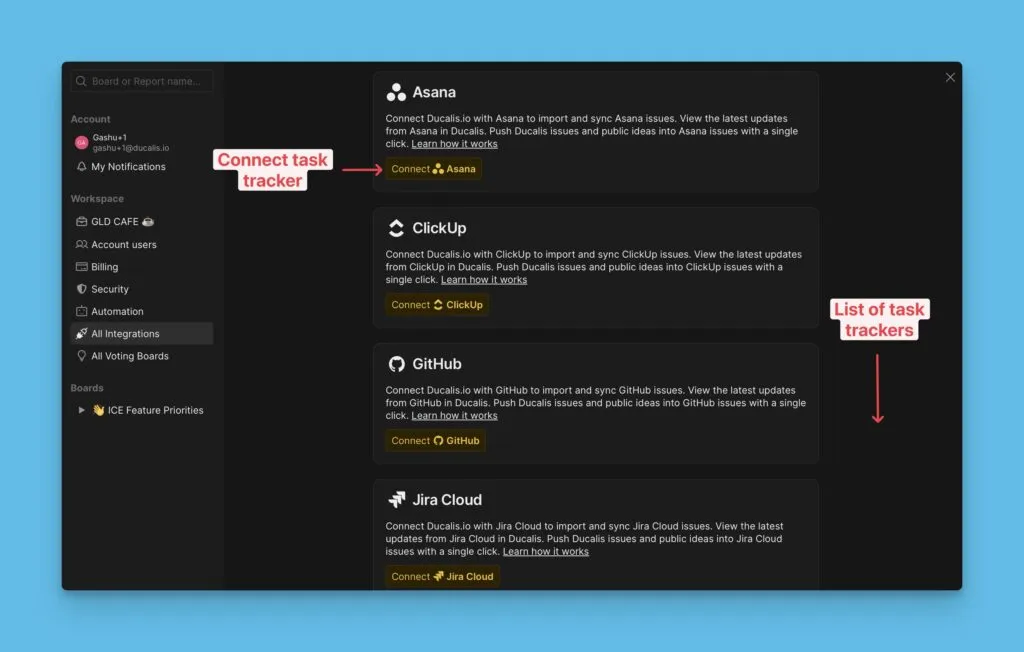 Страница интеграций с доступными таск трекерами