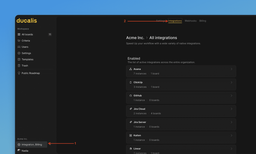 Меню интеграций в левой боковой панели