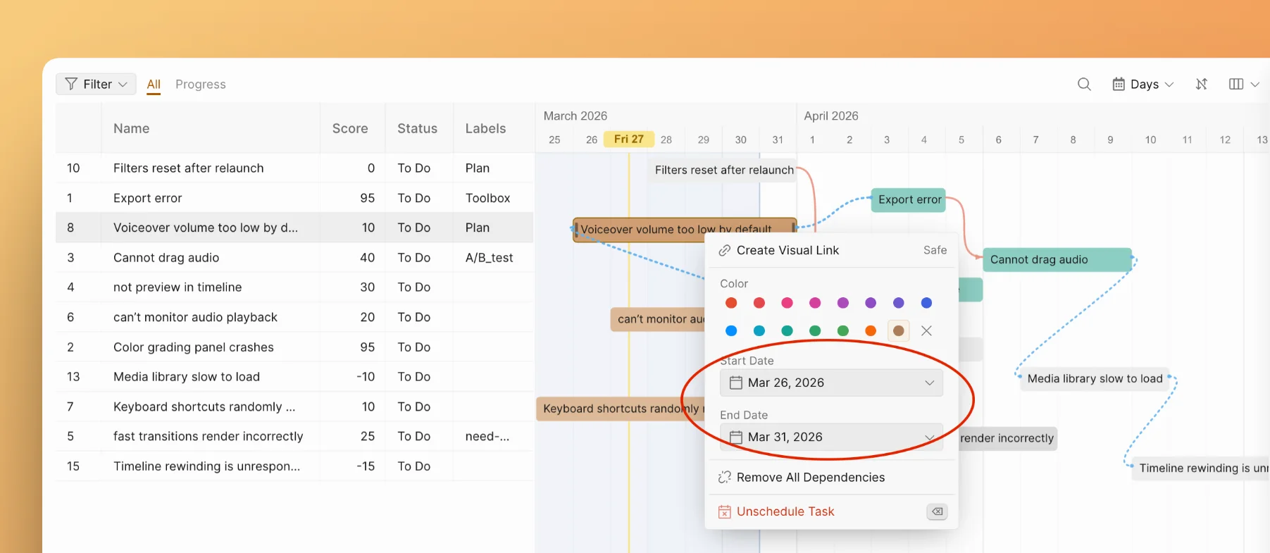 Контекстное меню с полями даты начала и даты окончания