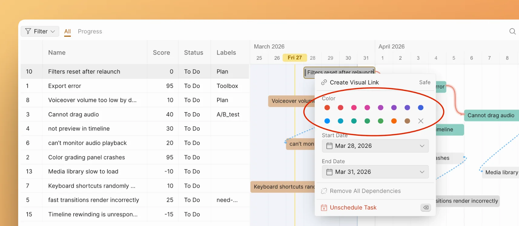 Палитра цветов в контекстном меню