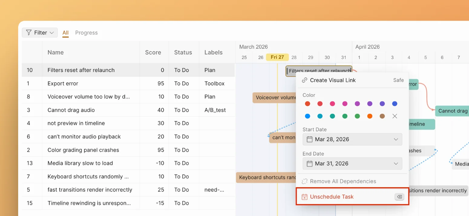 Контекстное меню с пунктом Убрать из расписания
