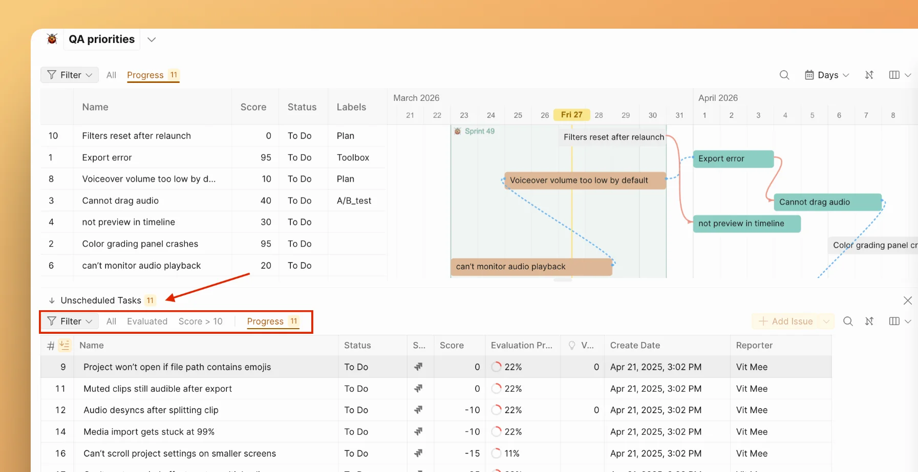 Панель неспланированных задач