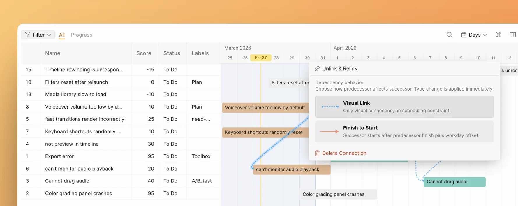 Изменение зависимости между задачами