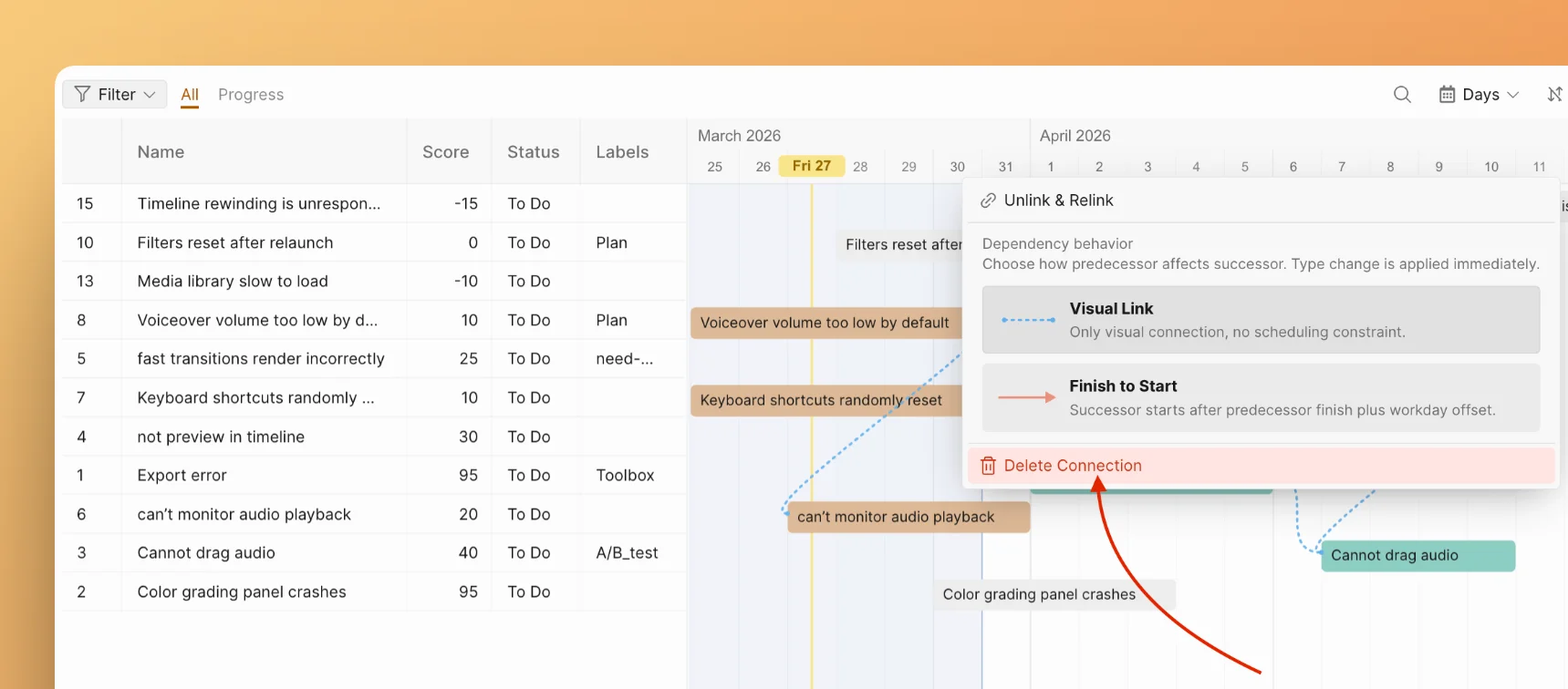 Удаление зависимости между задачами