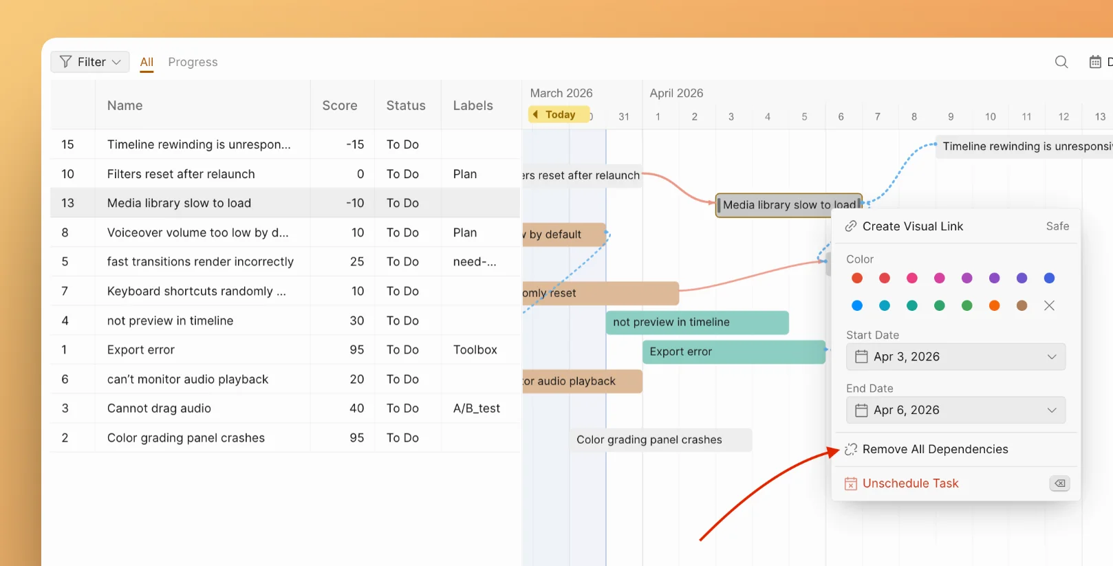 Удаление всех зависимостей задачи