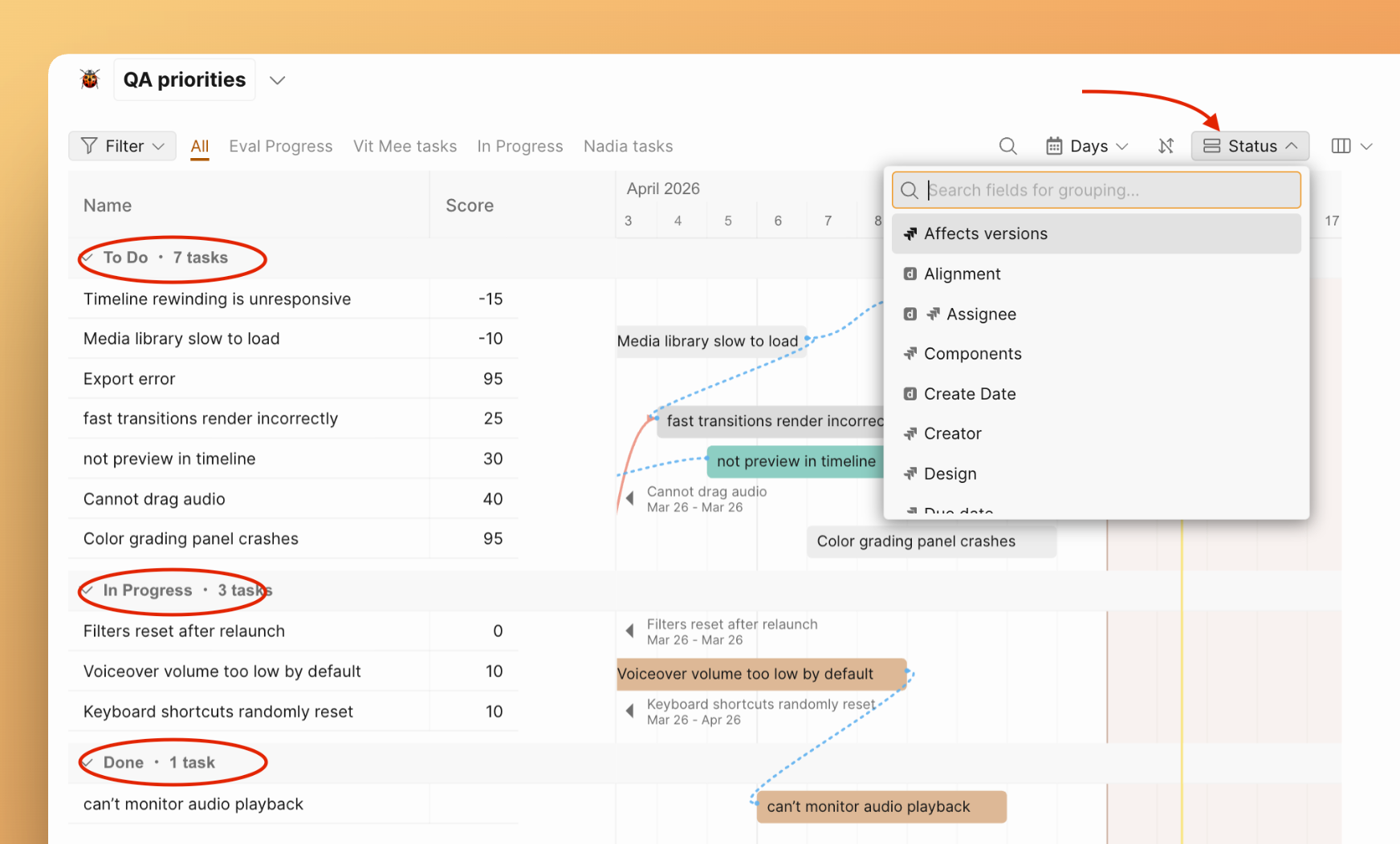 Группировка в диаграмме Ганта