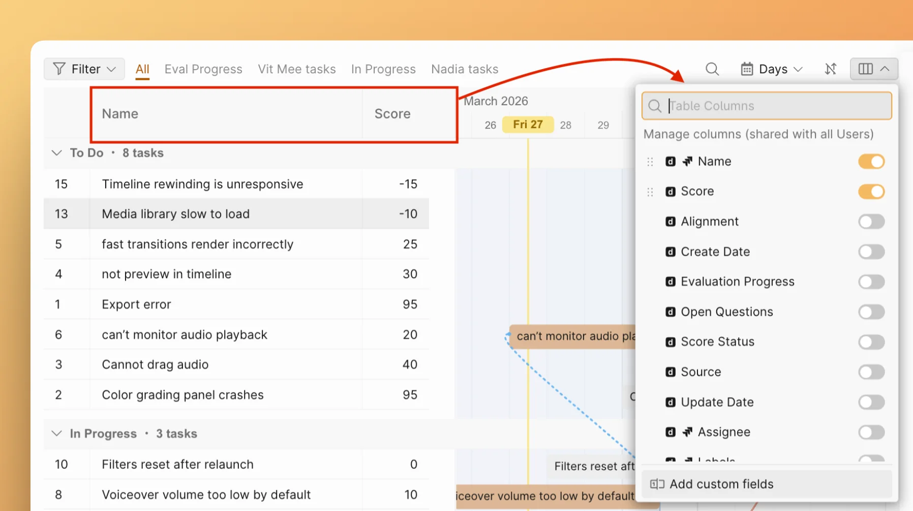 Настройка столбцов