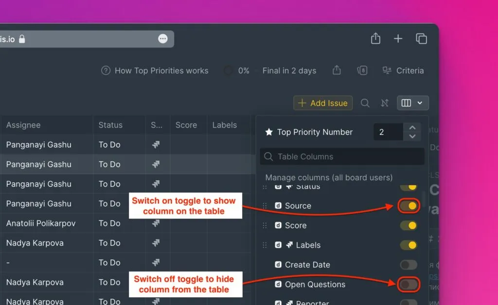 Настройки видимости колонок таблицы с переключателями для каждой колонки