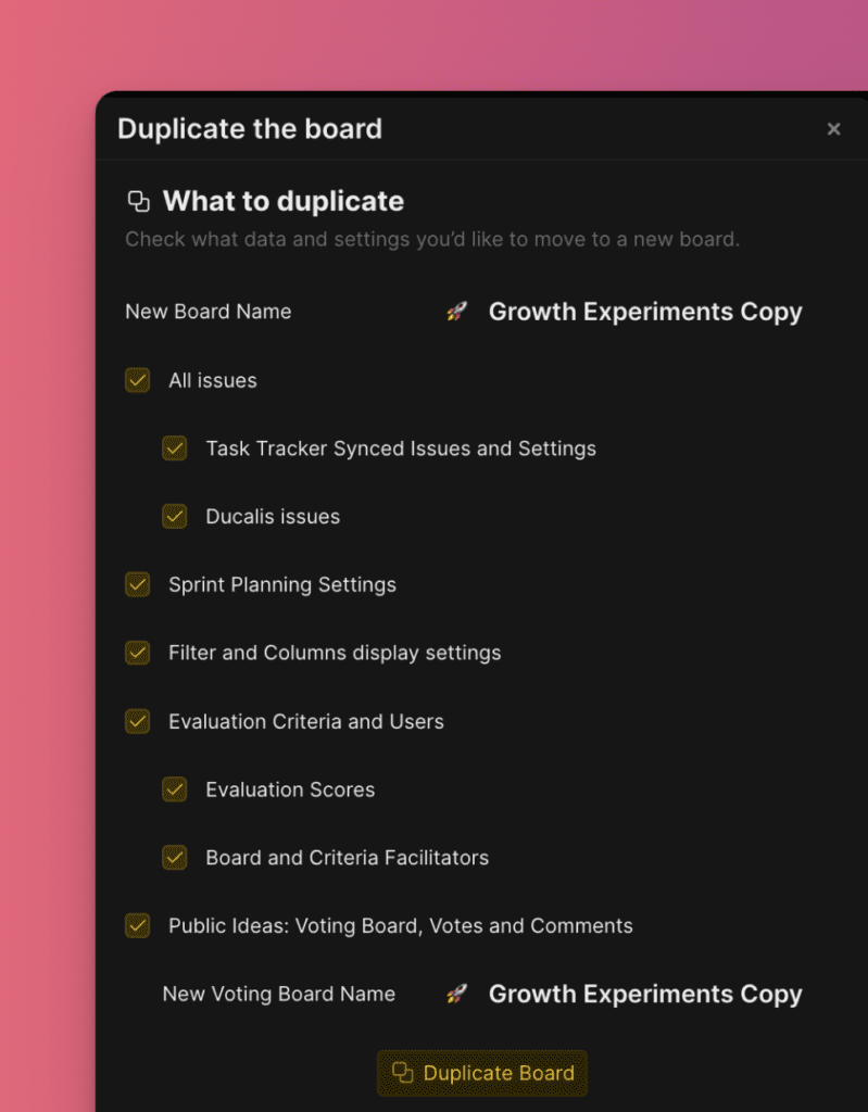 Окно опций дублирования доски