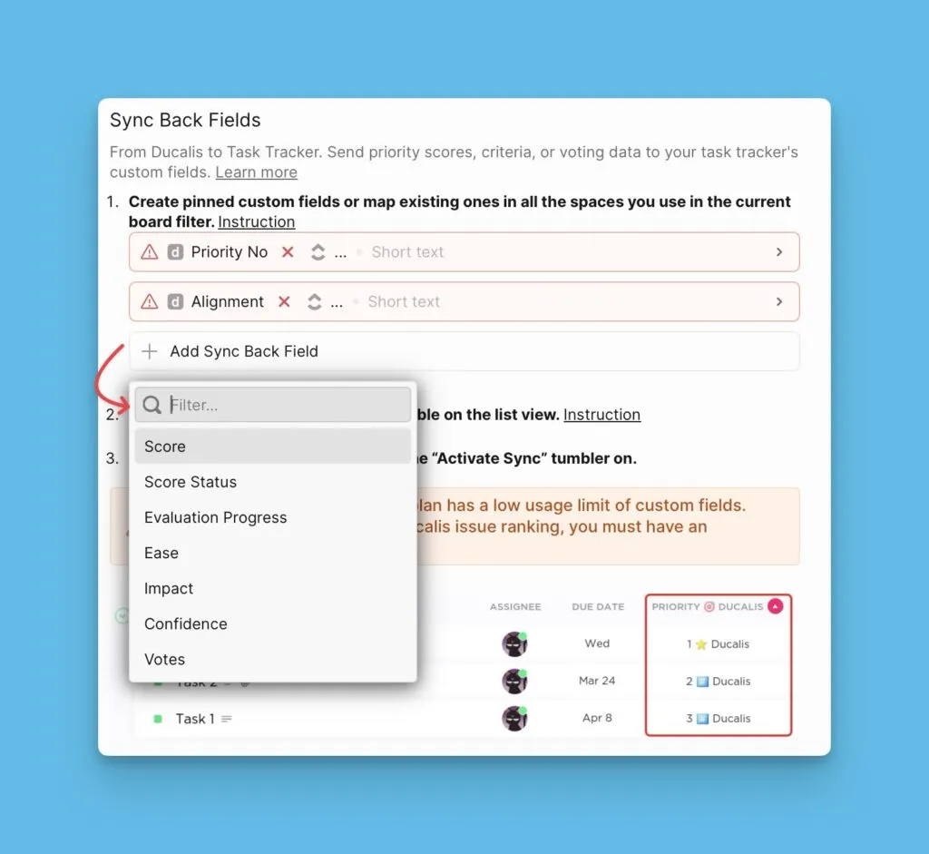Чекбоксы выбора полей для обратного синка