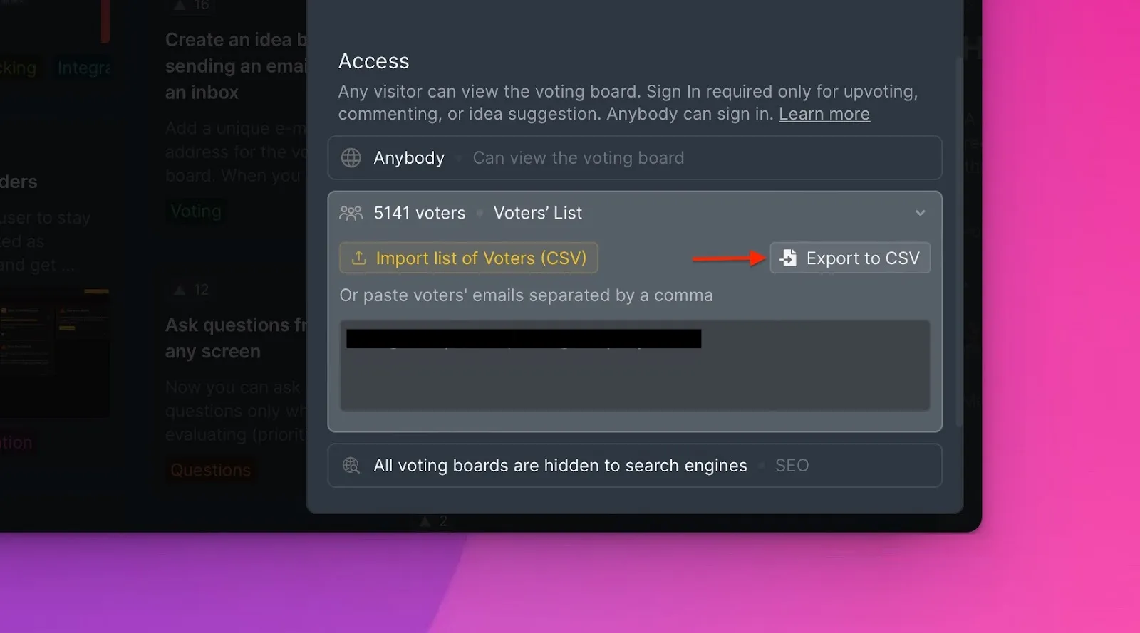 Кнопка экспорта Голосующих в настройках Доски идей