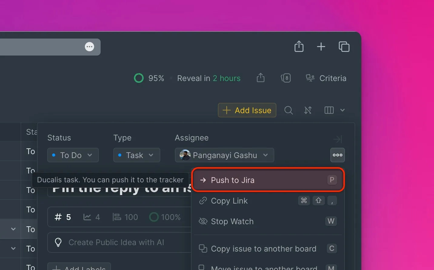 Кнопка отправки в трекер в меню Задачи