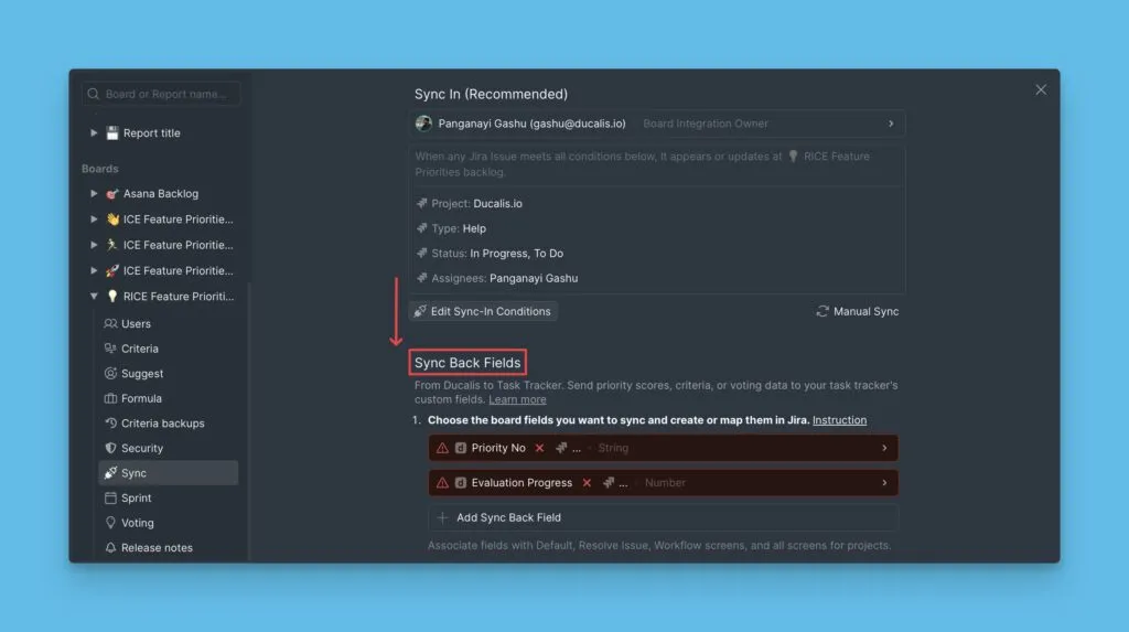 Секция Sync Back fields