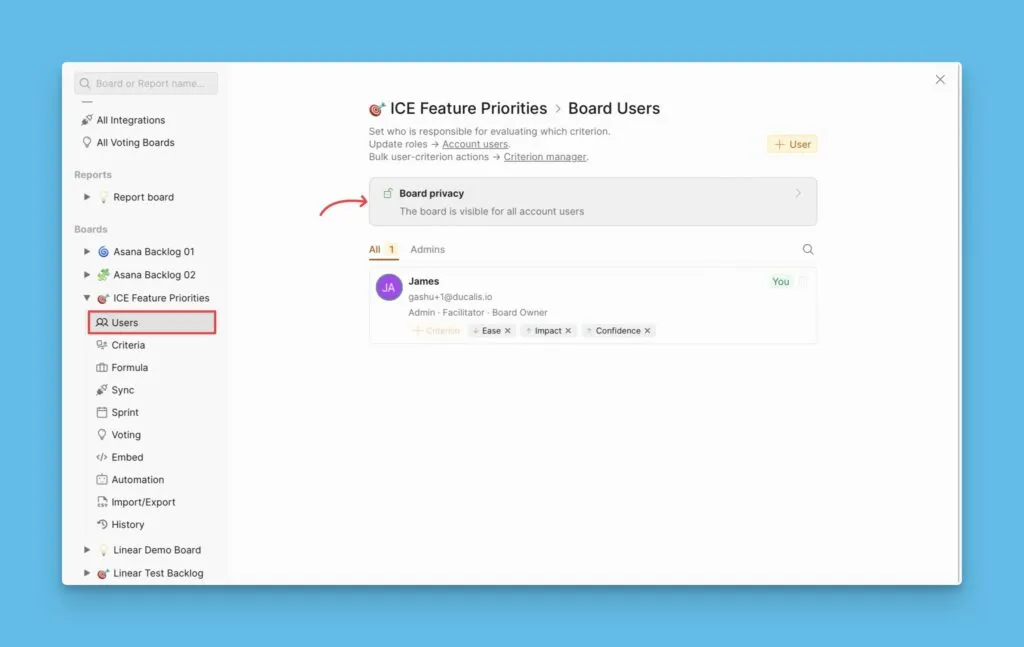Страница настроек пользователей доски