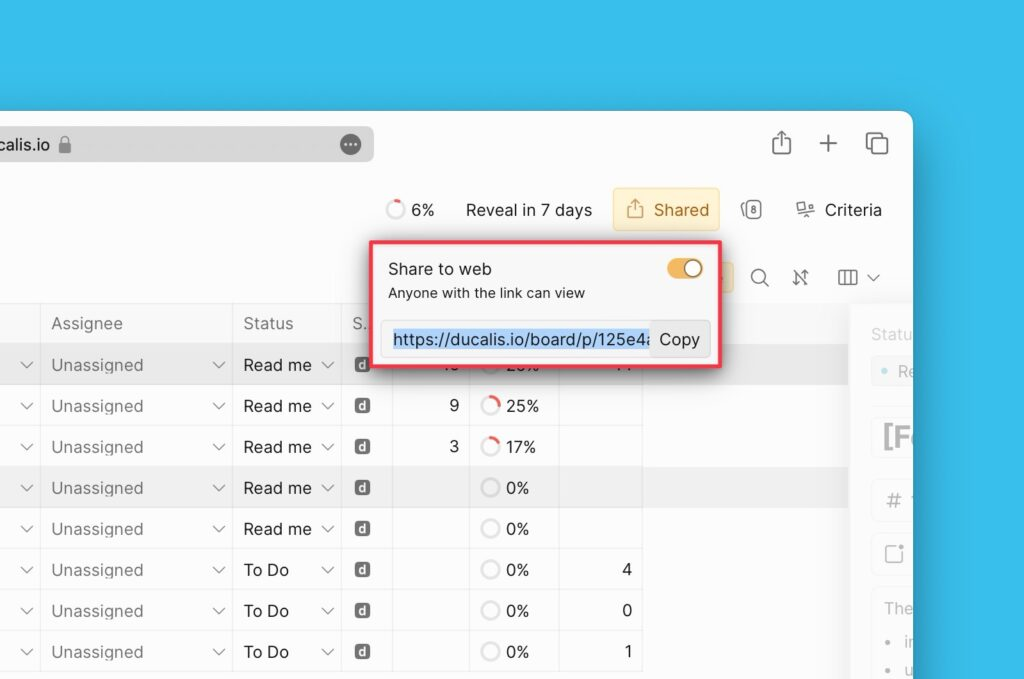 Диалог публичной ссылки с кнопкой копирования