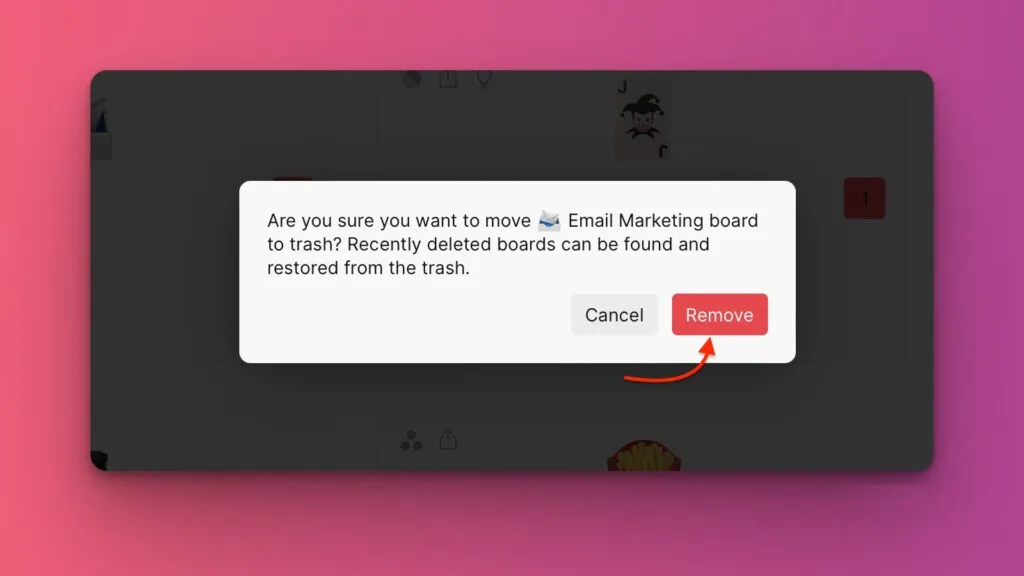 Диалоговое окно подтверждения удаления доски