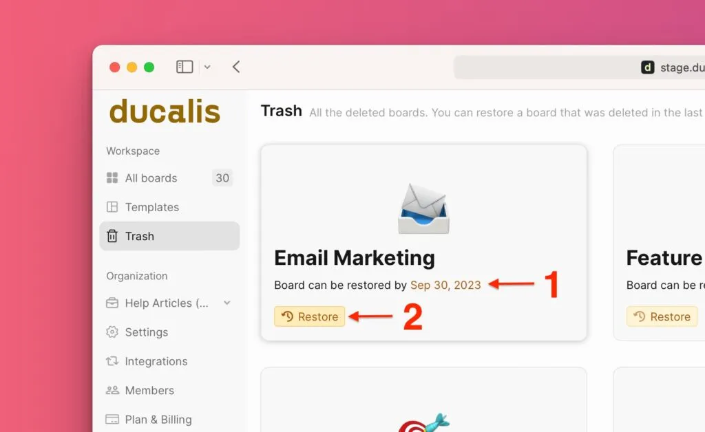 Кнопка Восстановить на доске в Корзине
