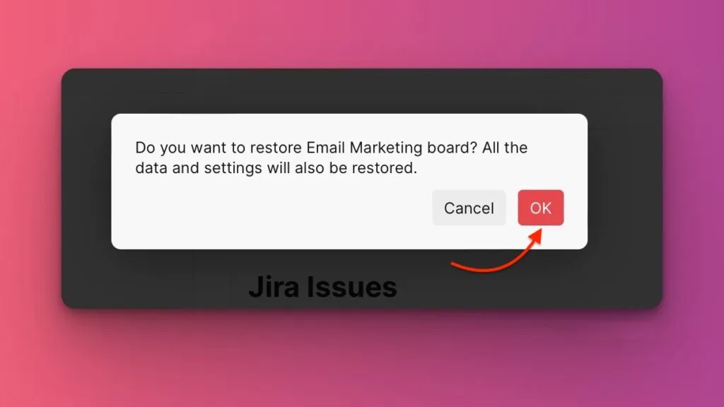 Диалоговое окно подтверждения восстановления доски
