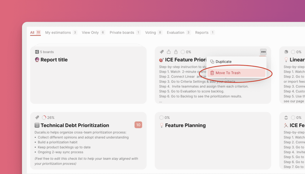Меню с тремя точками на карточке доски