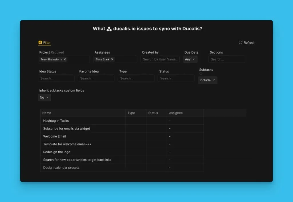 Настройки фильтра задач для бэклога Asana