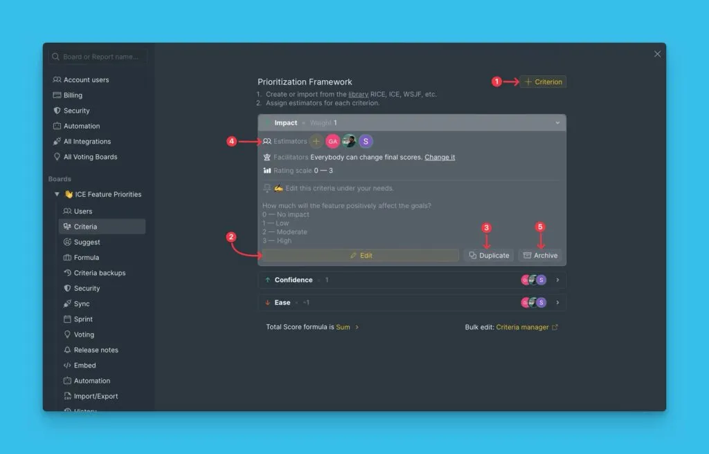 Редактирование настроек критериев ICE в интерфейсе продукта
