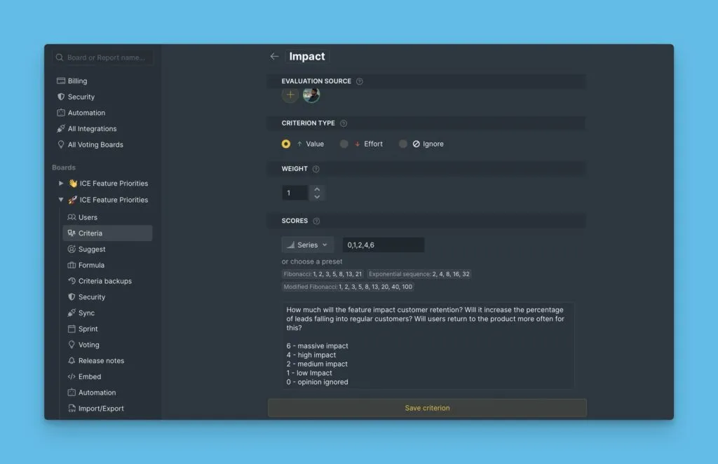 Редактирование названий и описаний критериев RICE в Ducalis