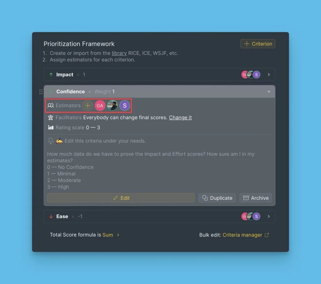 Назначение критериев разным членам команды