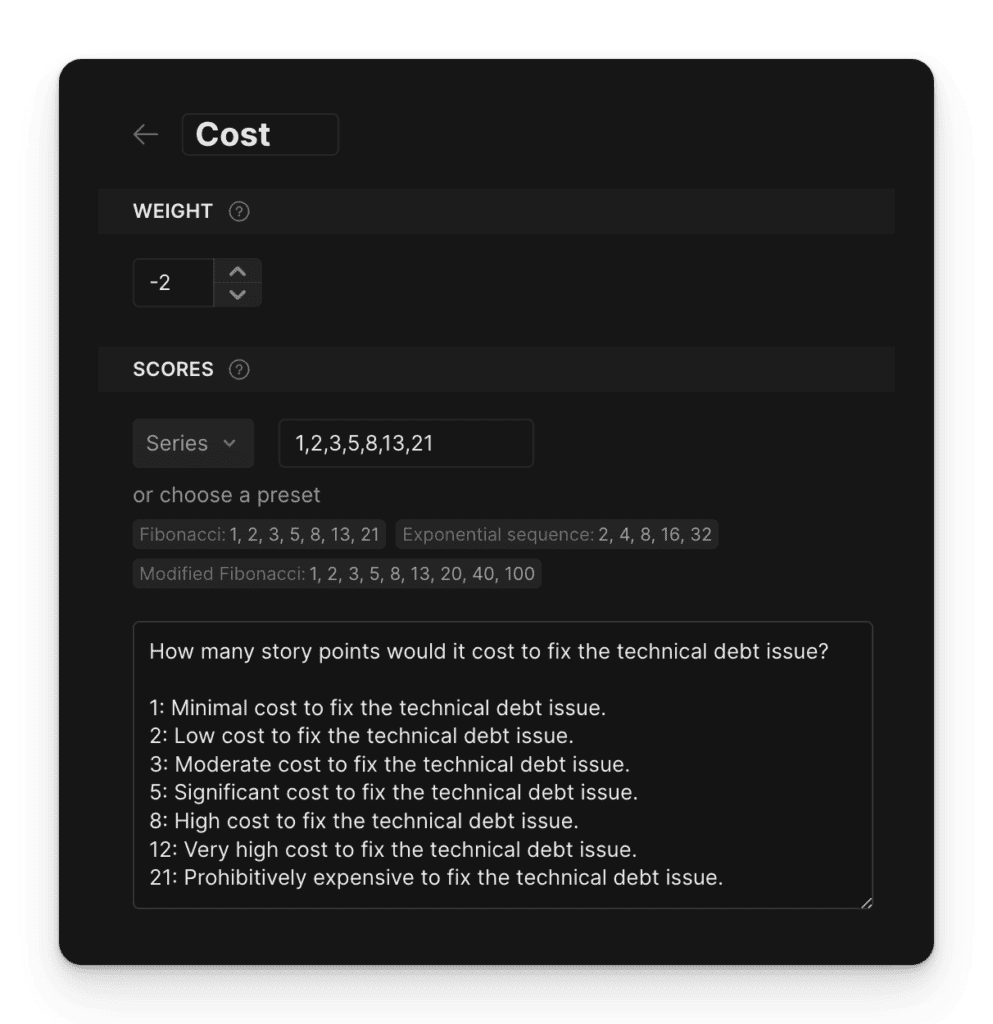 Кастомизируйте критерии оценки для лучшего понимания приоритизации бэклога технического долга
