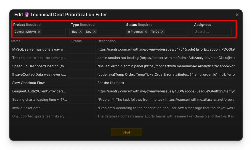 Настройка фильтра синка для бэклога технического долга между таск трекером и Ducalis