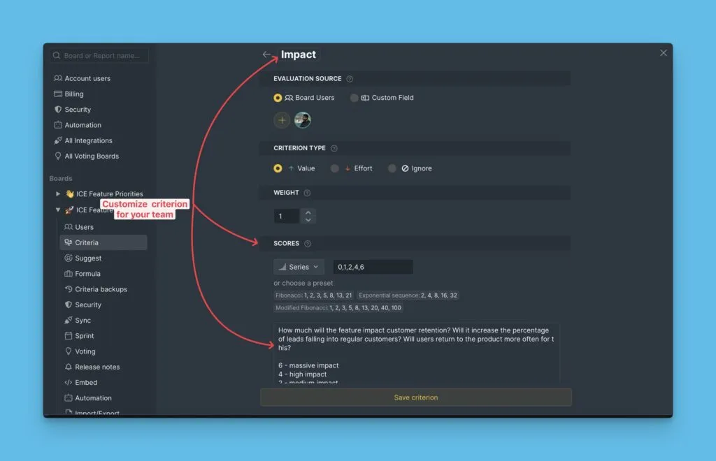 Редактирование критериев в шаблоне WSJF