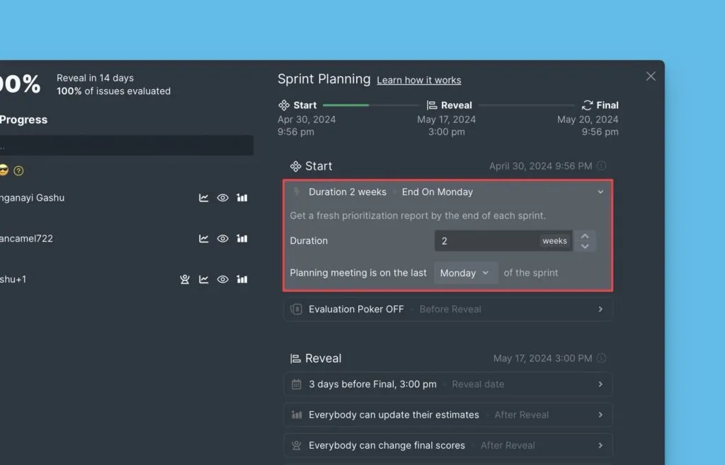 Настройки продолжительности спринта