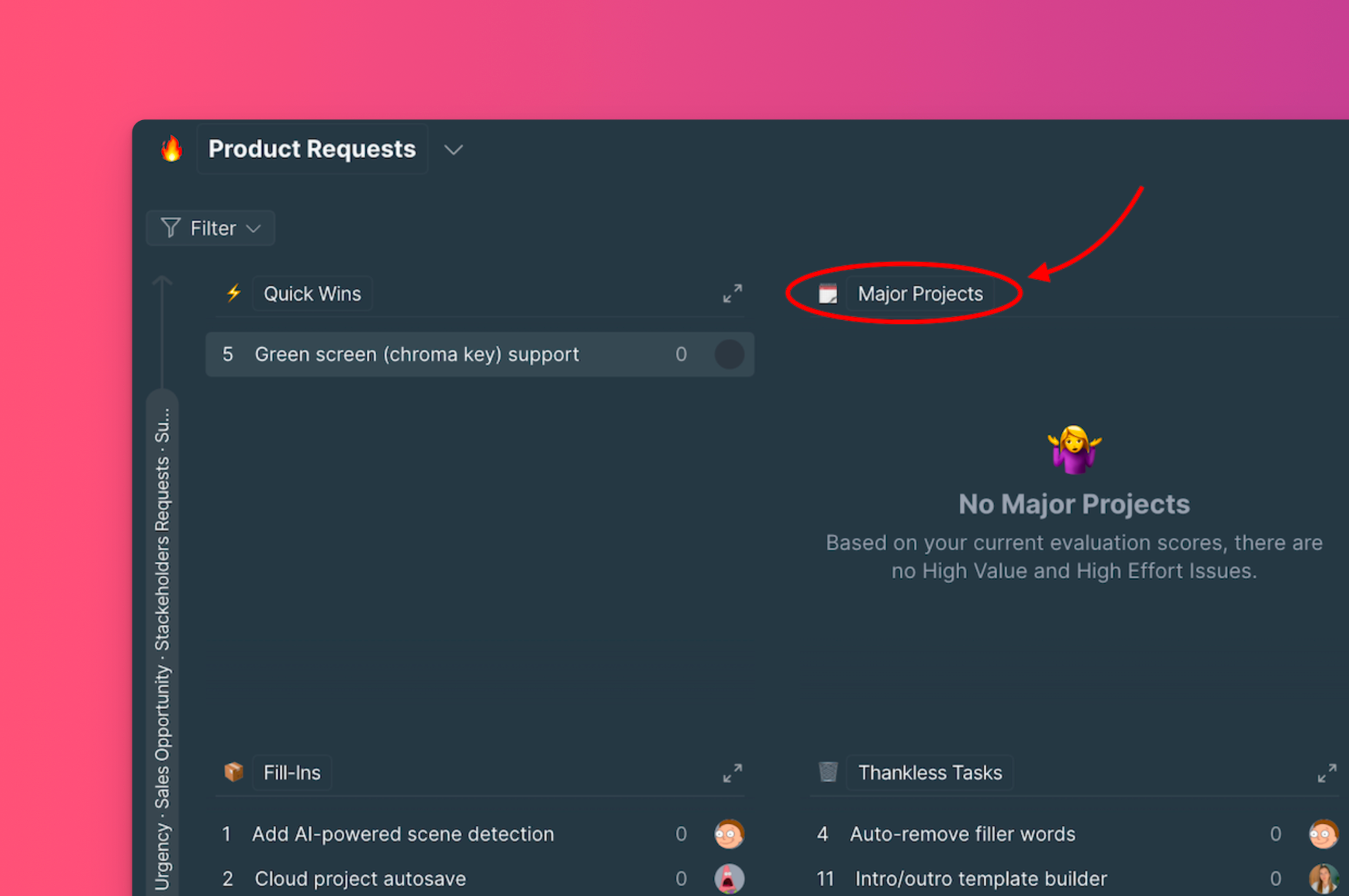 Интерфейс редактирования названий квадрантов