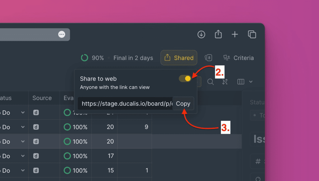 Переключатель публикации доски и интерфейс копирования ссылки