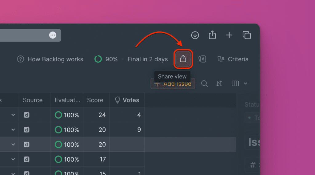 Расположение кнопки поделиться на странице Бэклога