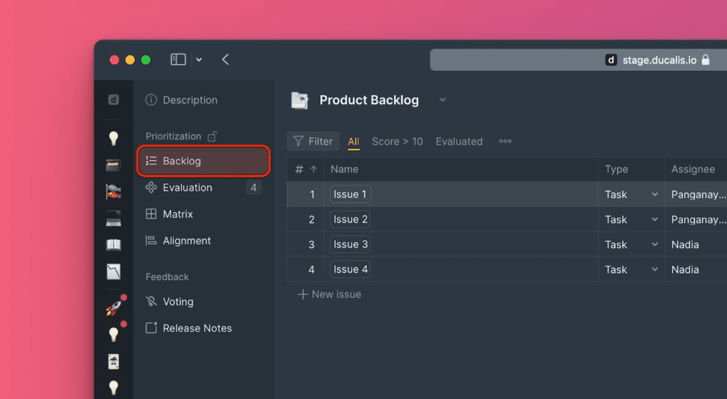 Обзор страницы Бэклога со списком задач и табличным представлением