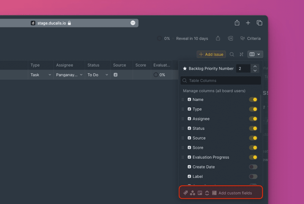 Импортированные поля из таск трекера, показанные как варианты колонок