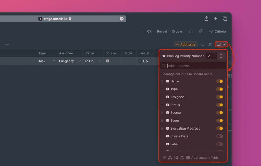 Расположение иконки настройки таблицы