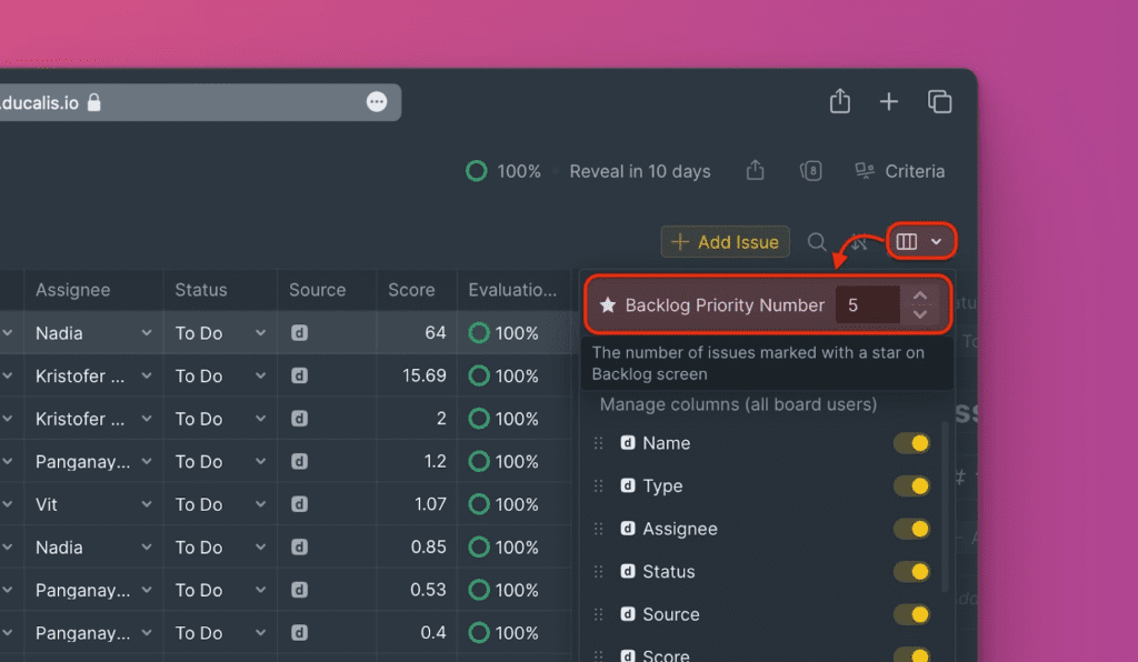 Настройка количества приоритетных задач в настройках колонок