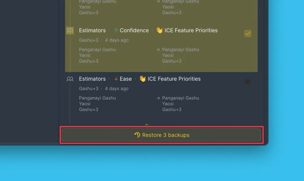 Кнопка восстановления резервной копии