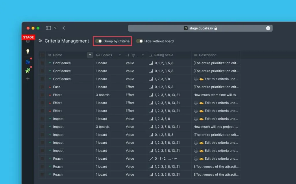 Переключатель группировки по критериям