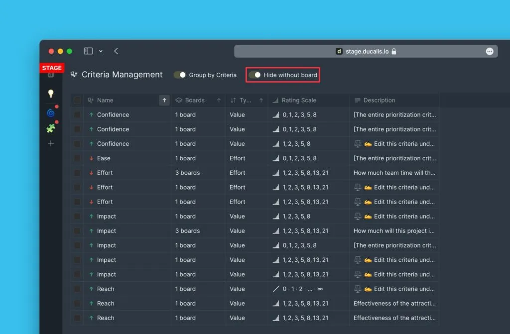 Переключатель скрытия критериев без доски